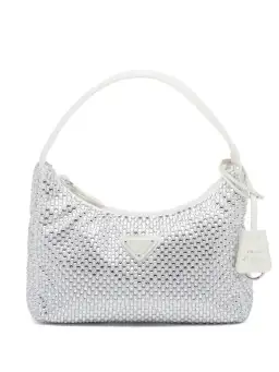 Prada Crystal Satin Mini Hobo Bag White