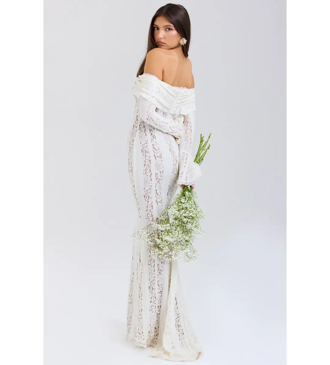 House of CB Belle Lace Off Shoulder Maxi Dress Vintage Cream Flora Size XS/Au 6 for rent on The Volte - main image