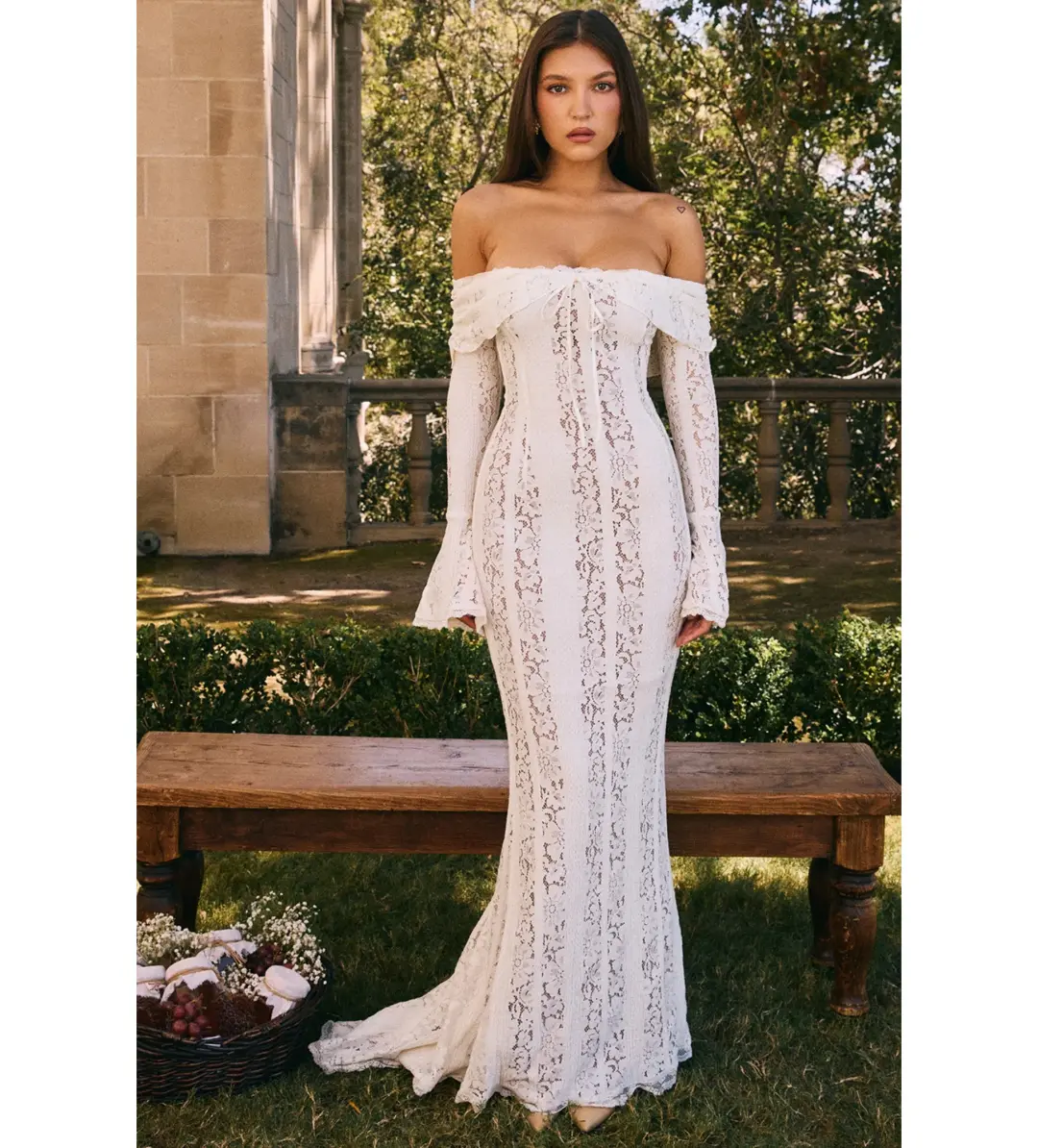 House of CB Belle Lace Off Shoulder Maxi Dress Vintage Cream Flora Size XS/Au 6 for rent on The Volte - main image