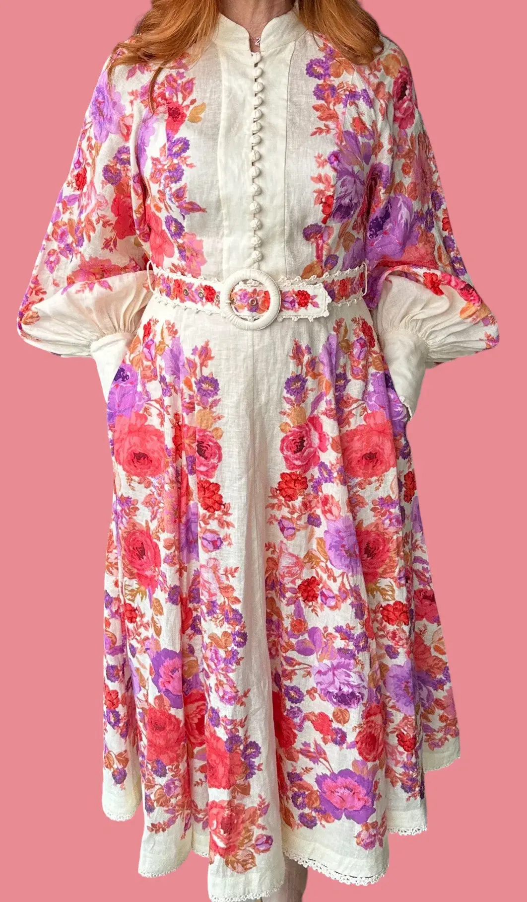 Zimmermann Raie Billow Sleeve Midi Dress Red/Purple Floral Size 10 for rent on The Volte - main image
