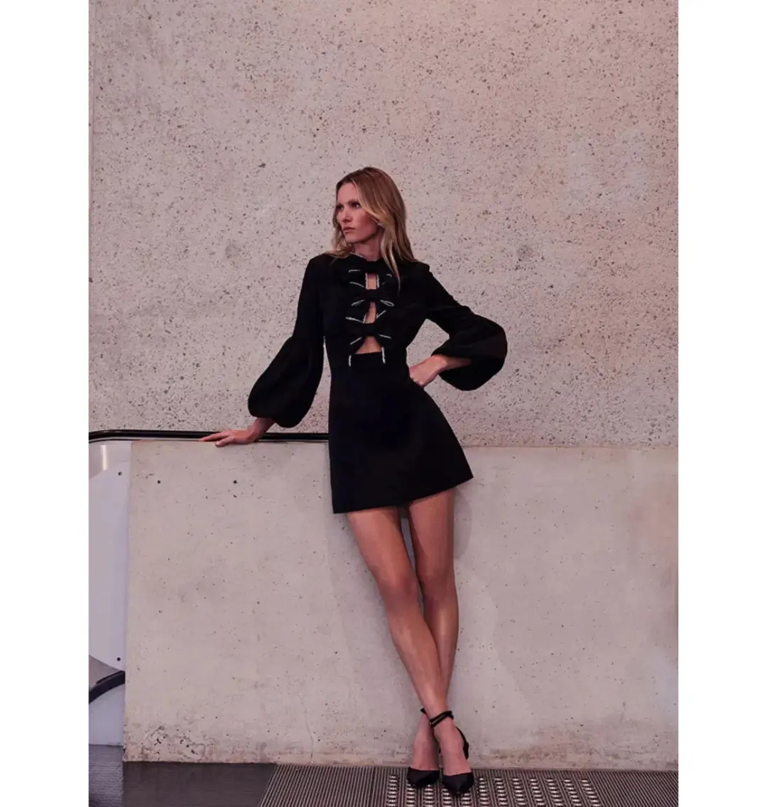 Rebecca Vallance Augustine Bow Mini Dress Black Size AU 14 for rent on The Volte - main image