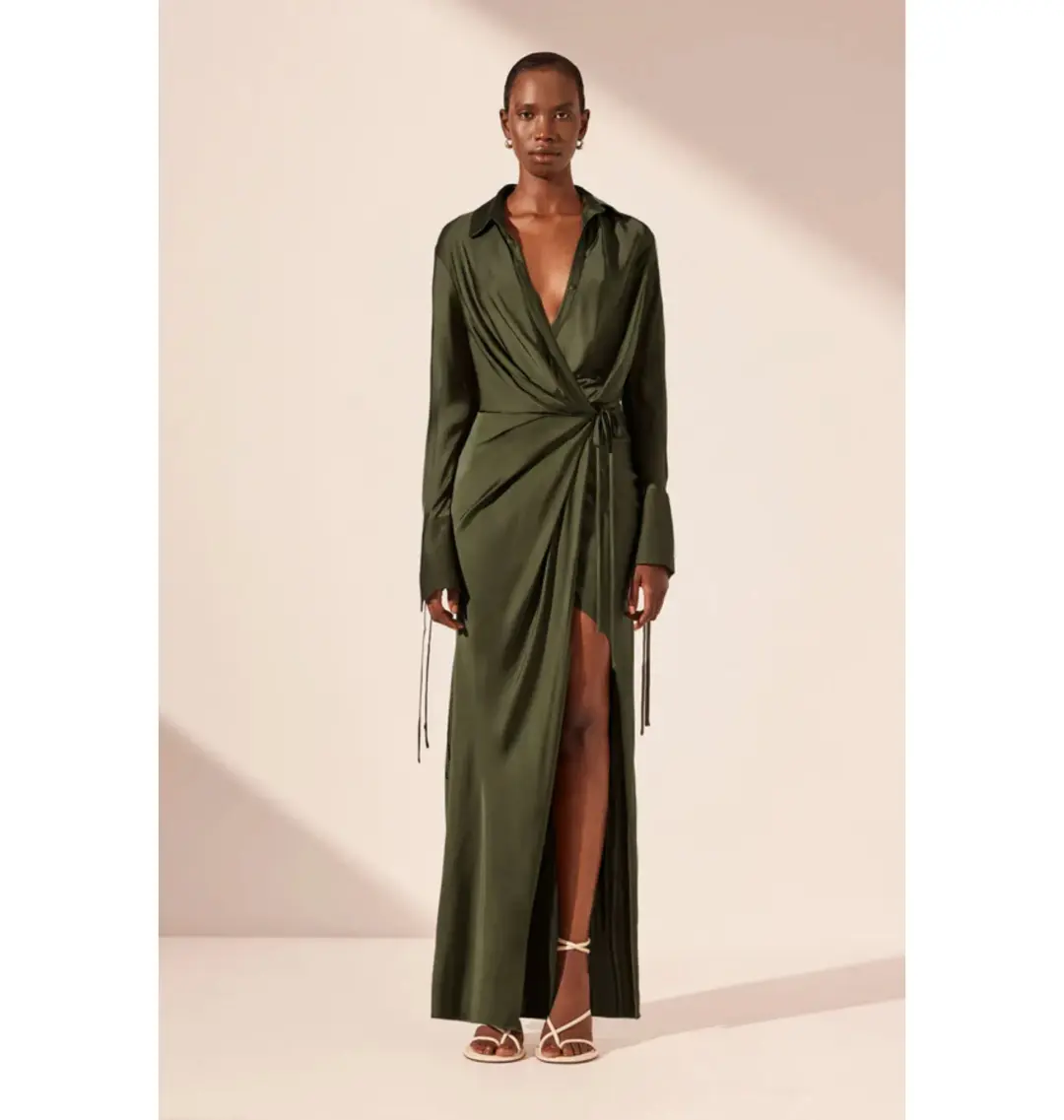 Shona Joy Shae Draped Shirt Maxi Dress Pine Green Size AU 16 for rent on The Volte - main image