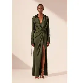 Shona Joy Shae Draped Shirt Maxi Dress Pine Green Size AU 16 for rent on The Volte - image 1