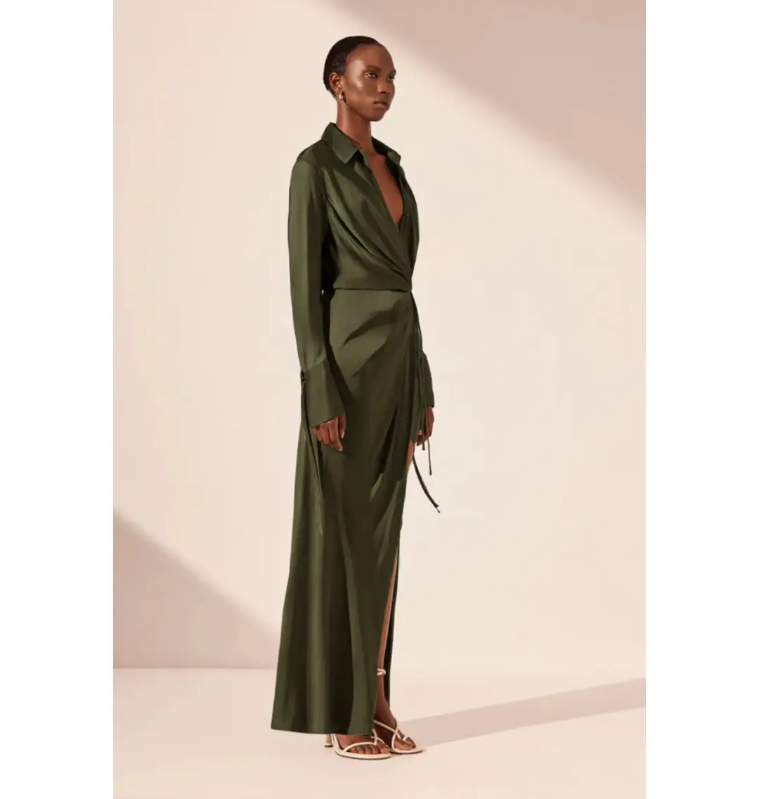 Shona Joy Shae Draped Shirt Maxi Dress Pine Green Size AU 16 for rent on The Volte - main image