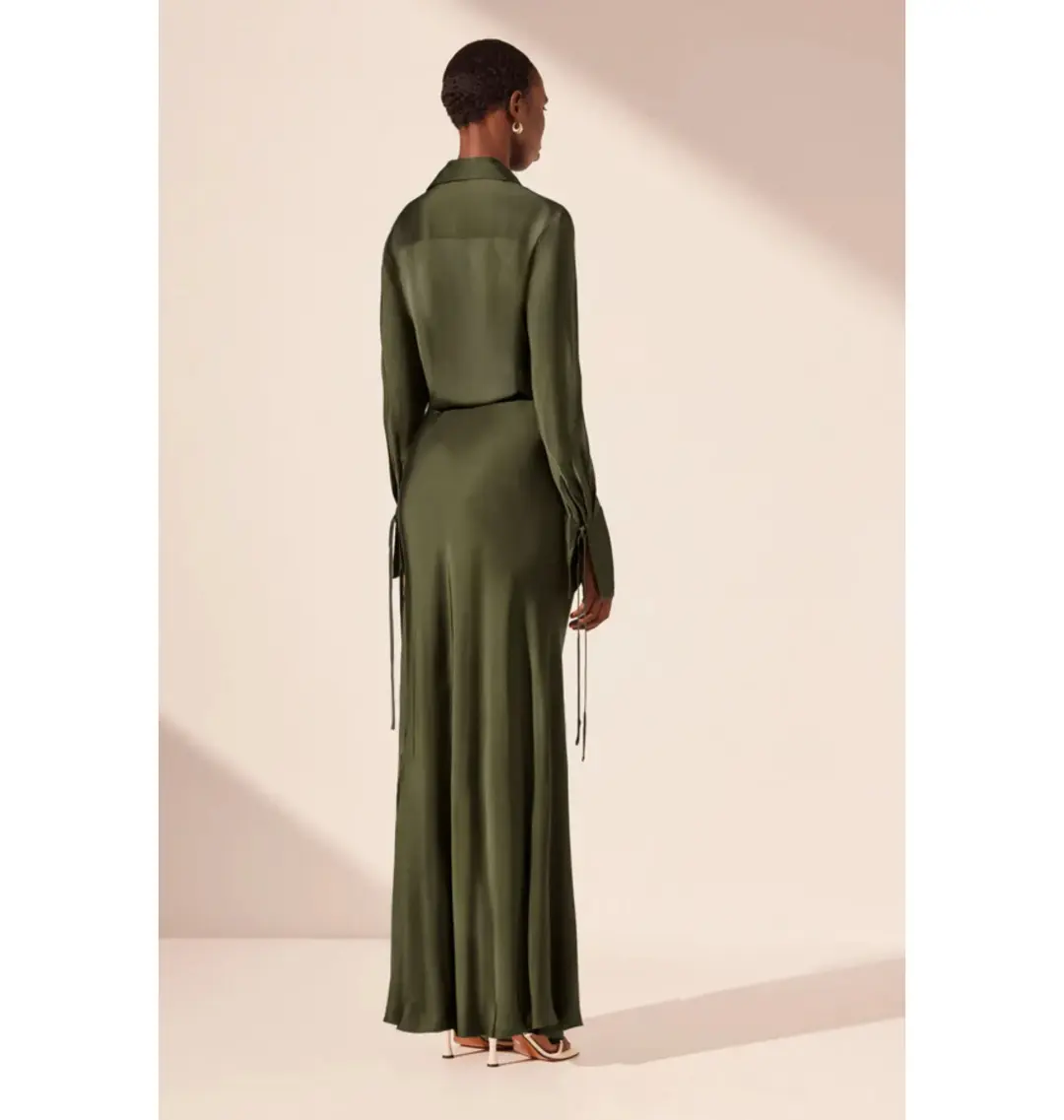 Shona Joy Shae Draped Shirt Maxi Dress Pine Green Size AU 16 for rent on The Volte - main image