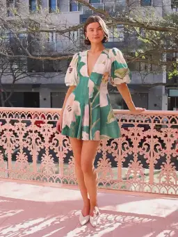 By Nicola Wavy Mini Dress in Pine Green Floral Size 8