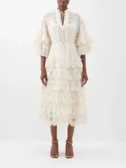 Zimmermann The Lyre Trim Tiered Midi Dress Cream Size 0 / AU 8