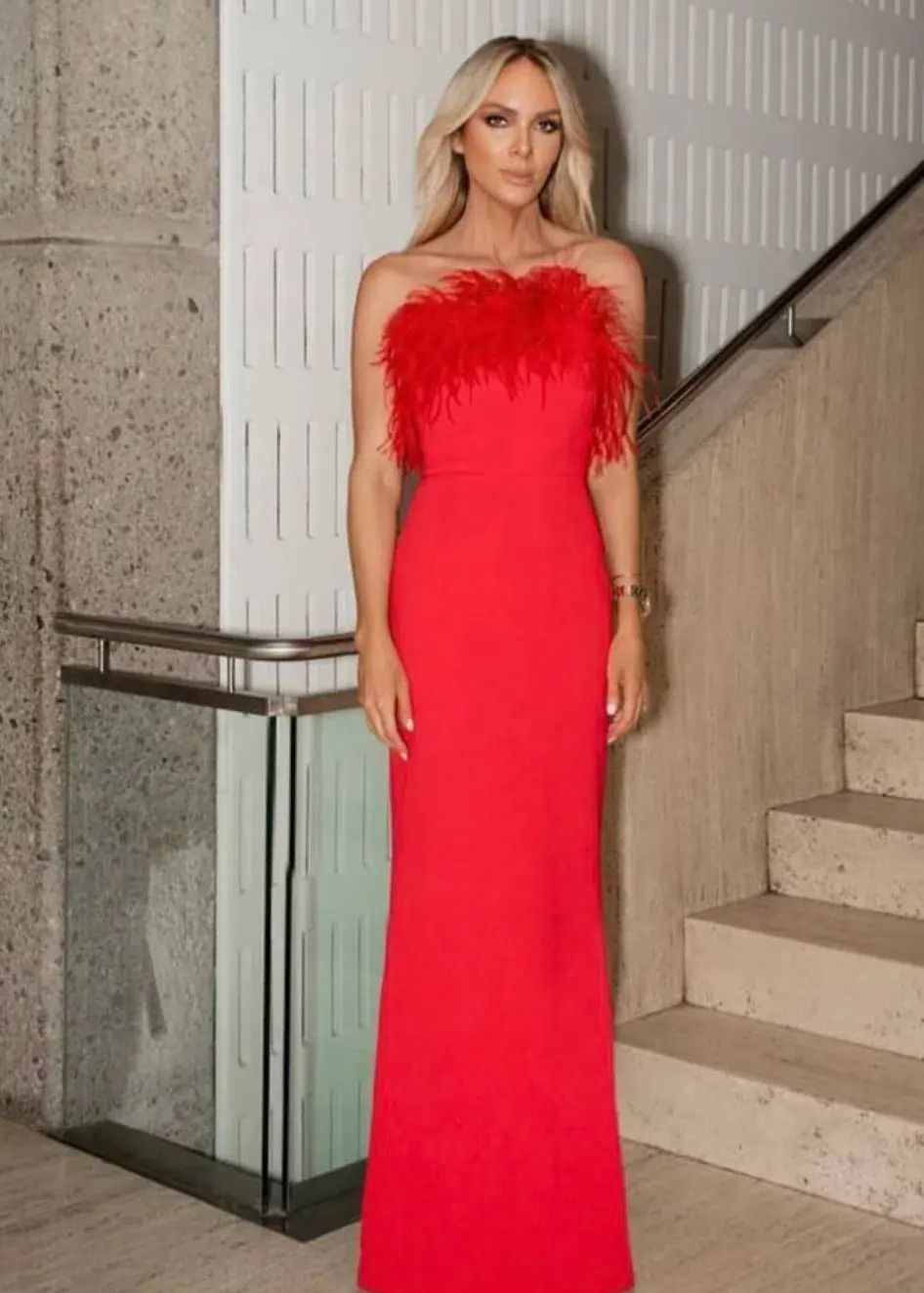 Rebecca Vallance Scarlett Strapless Feather Gown Red Size 6 for rent on The Volte - main image