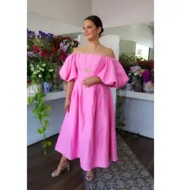 Aje Eugenie Off Shoulder Midi Dress Pink Size AU 14