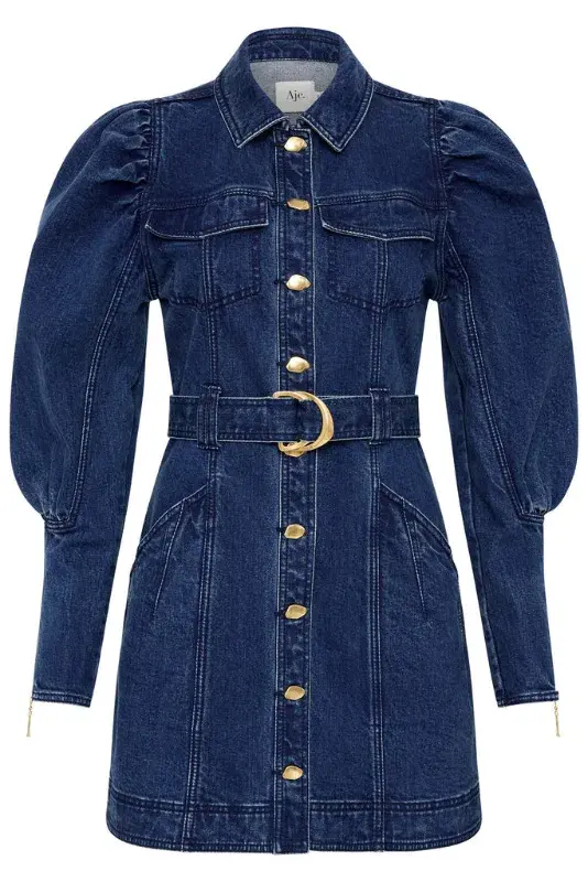 Aje May Denim Long Sleeve Dress Dark Indigo Size AU 16 for rent on The Volte - main image