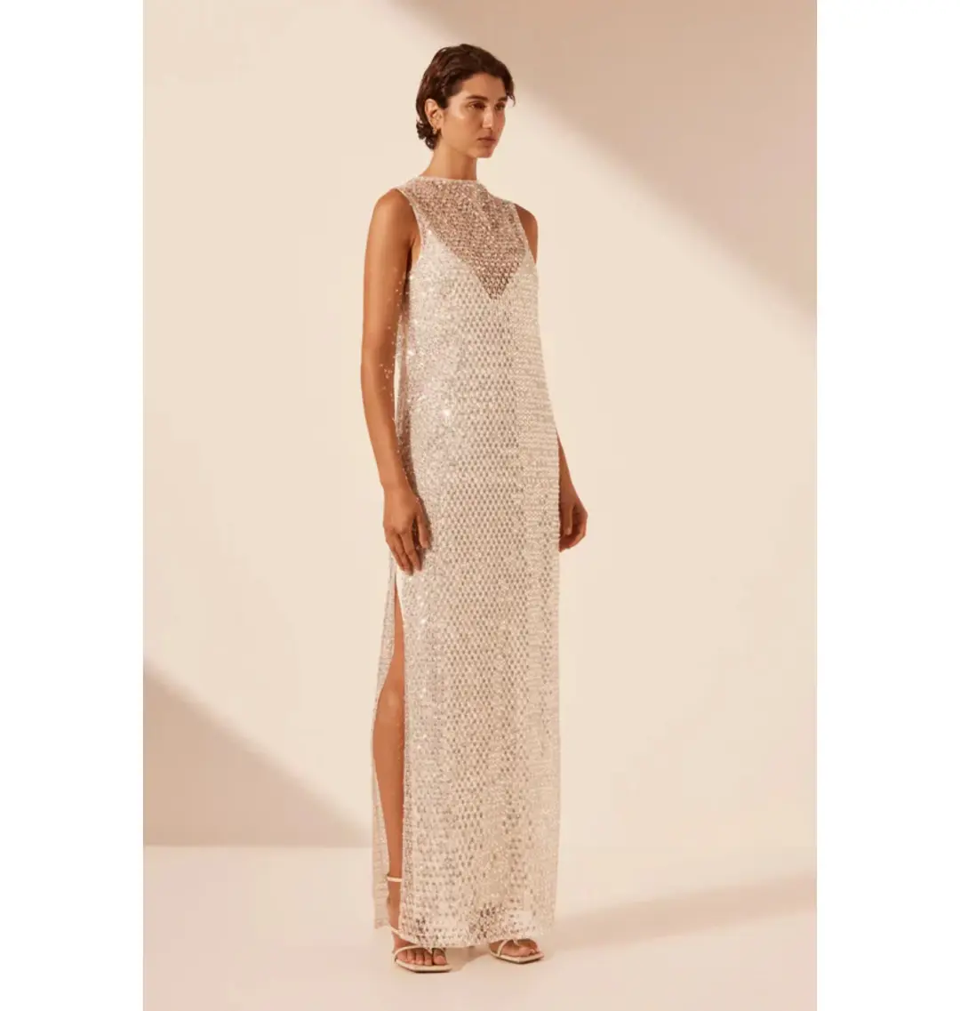 Shona Joy Asteri High Neck Sleeveless Maxi Dress Silver Size AU 16 for rent on The Volte - main image