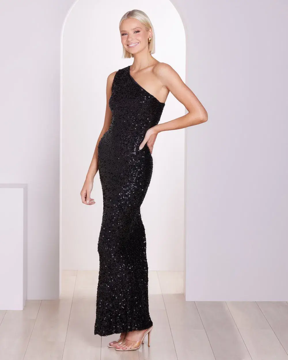Pilgrim Adelle One Shoulder Gown Black Sequin Size 8 for rent on The Volte - main image