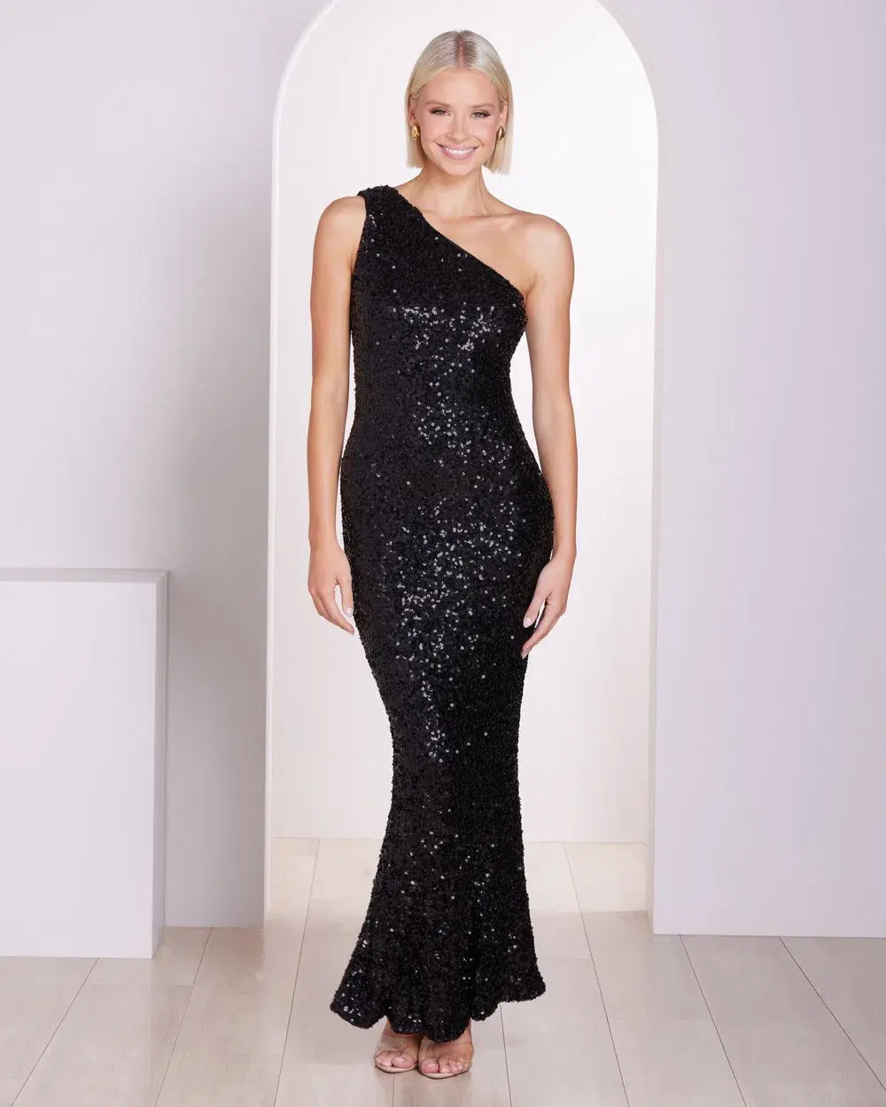 Pilgrim Adelle One Shoulder Gown Black Sequin Size 8 for rent on The Volte - main image