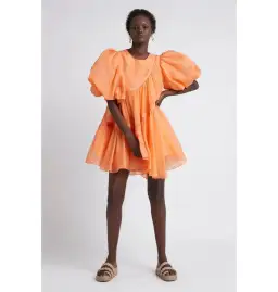 Aje Riviera Asymmetric Braided Puff Sleeve Mini Smock Dress Mandarin Orange Size AU 8 for rent on The Volte - image 1