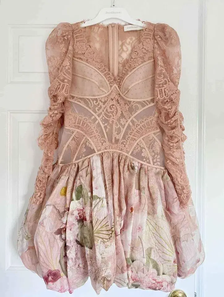 Zimmermann The Dancer Lace Mini Dress in Blush Garden Floral Size 1/Au 8 for rent on The Volte - main image