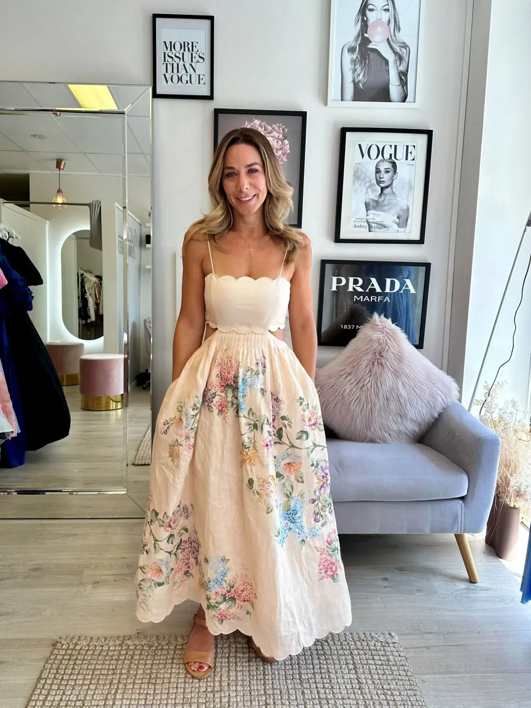 Zimmermann Halliday Scallop Midi Dress Cream Watercolour Floral Size 1 / AU 10 for rent on The Volte - main image