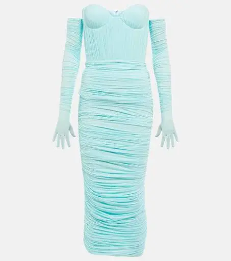 Alex Perry Prescott Ice Blue Off Shoulder Ruched Midi Dress With Gloves Size S / AU 8 for rent on The Volte - main image