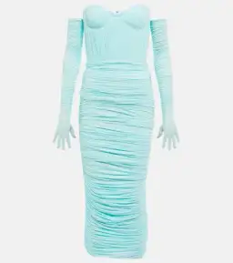 Alex Perry Prescott Ice Blue Off Shoulder Ruched Midi Dress With Gloves Size S / AU 8 for rent on The Volte - image 6