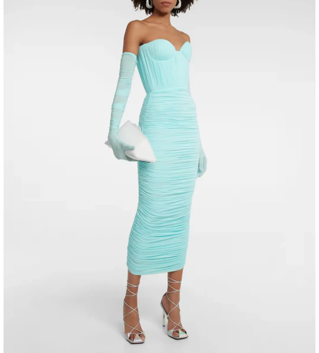 Alex Perry Prescott Ice Blue Off Shoulder Ruched Midi Dress With Gloves Size S / AU 8 for rent on The Volte - main image