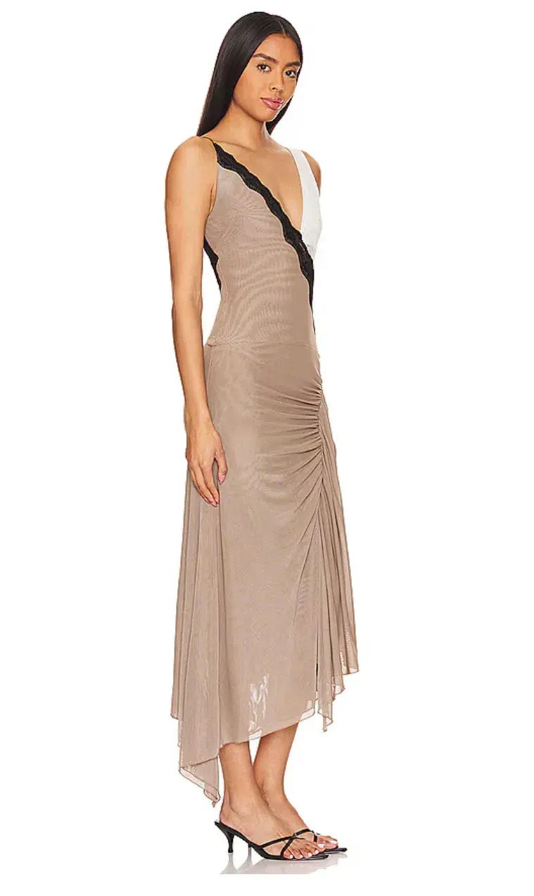 Bec & Bridge Abrielle Asym Midi Dress Taupe/Ivory Size 10 for rent on The Volte - main image