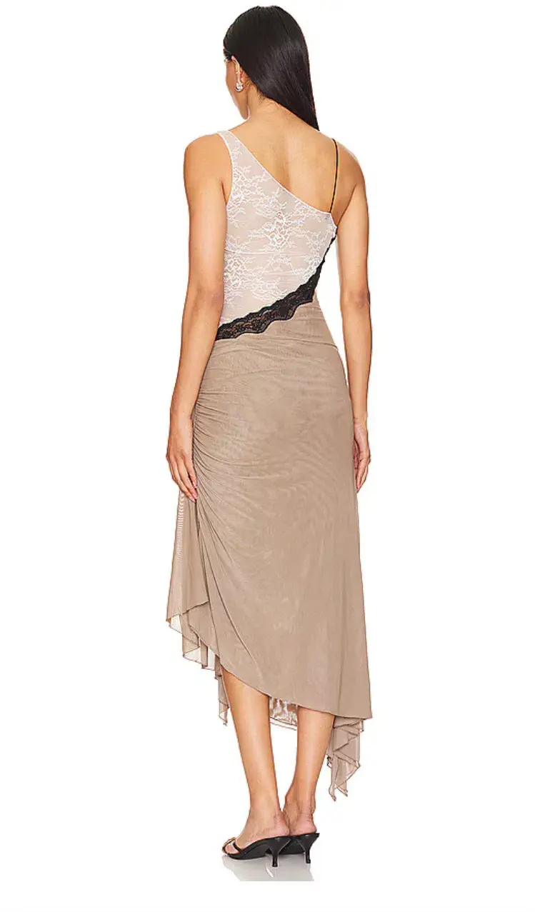 Bec & Bridge Abrielle Asym Midi Dress Taupe/Ivory Size 10 for rent on The Volte - main image