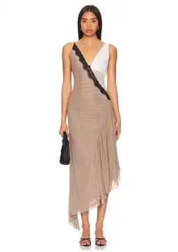 Bec & Bridge Abrielle Asym Midi Dress Taupe/Ivory Size 10 for rent on The Volte - image 1