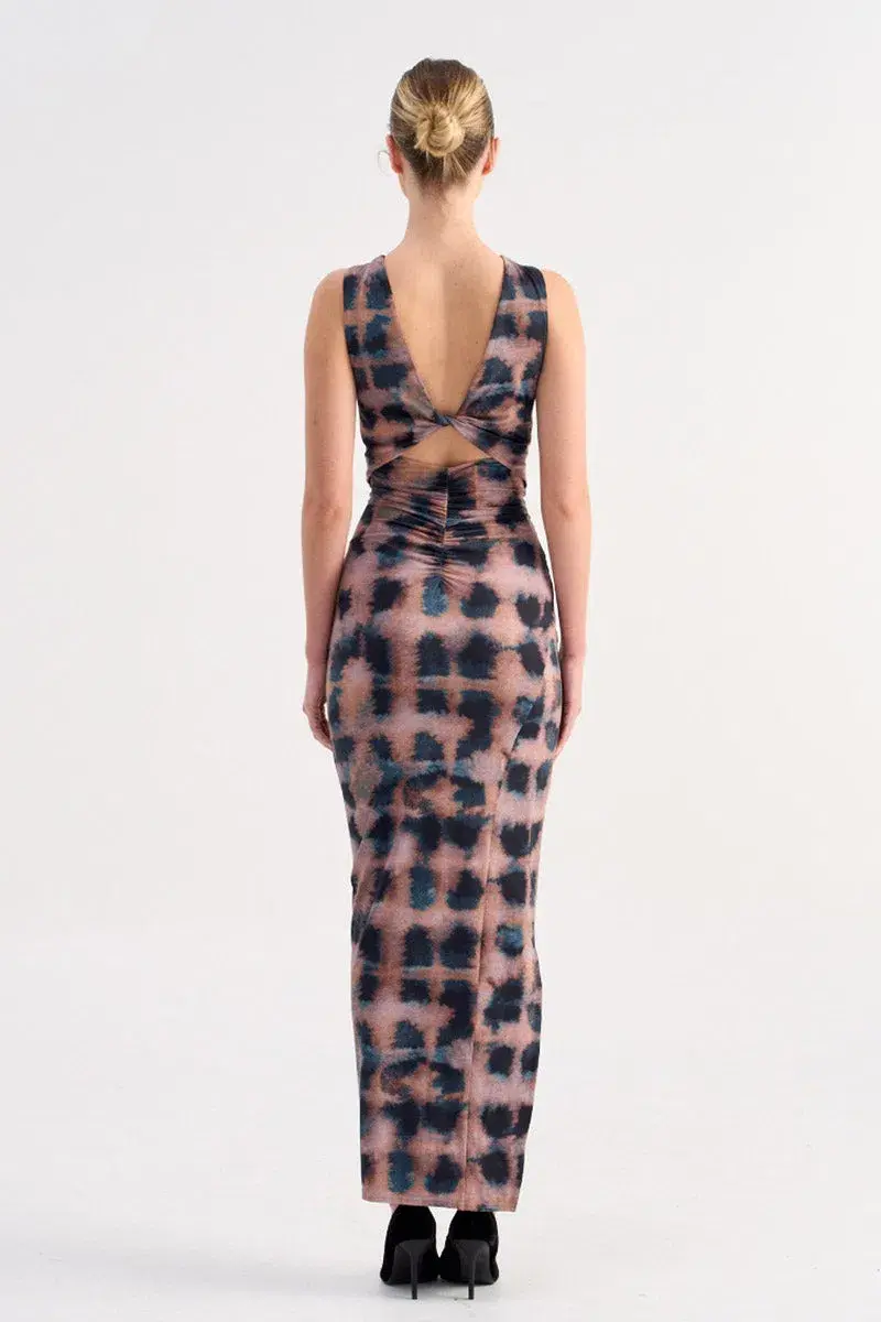 Suboo Shibori Sleeveless Reversible Twist Front Maxi Dress Tortoise Shell Size 10 for rent on The Volte - main image