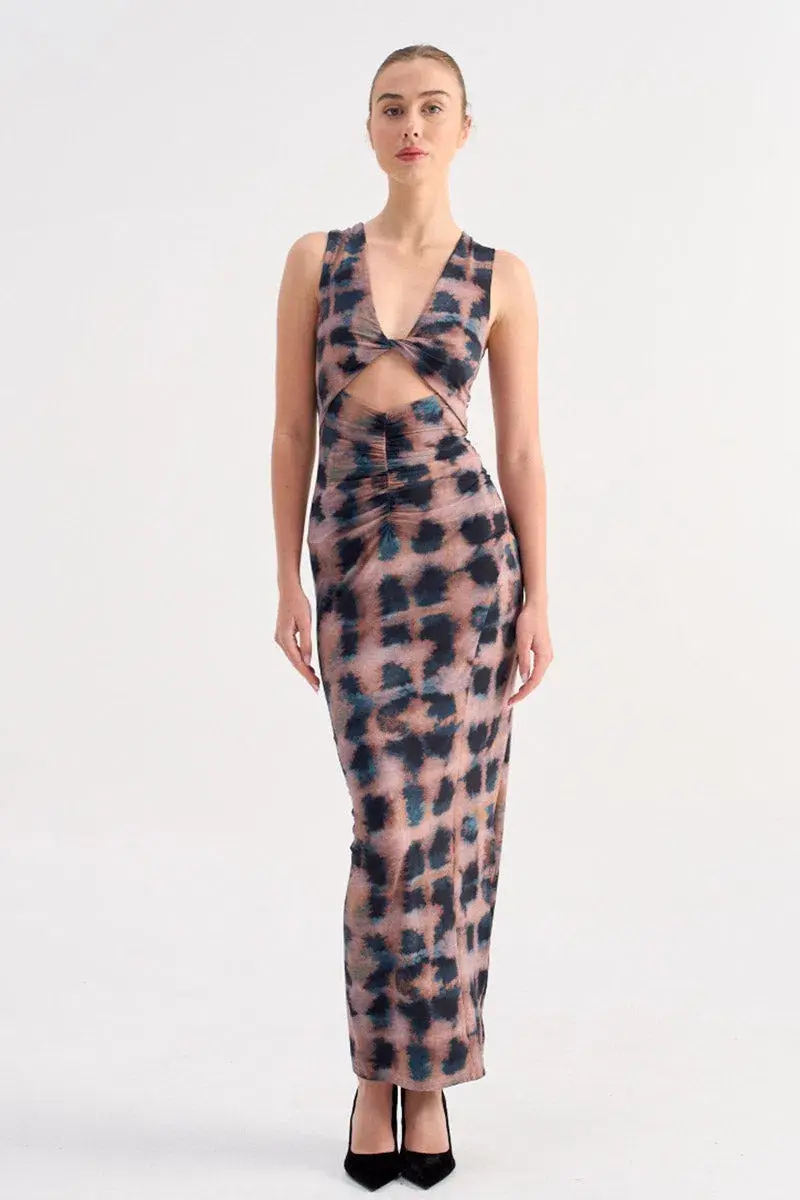 Suboo Shibori Sleeveless Reversible Twist Front Maxi Dress Tortoise Shell Size 10 for rent on The Volte - main image
