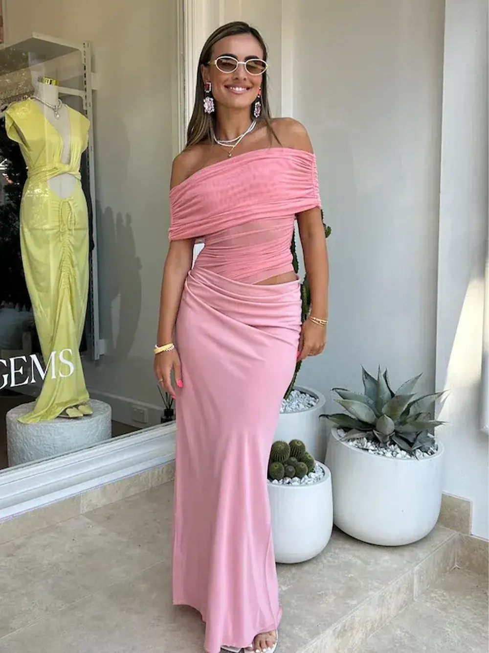 Benni Nico Off Shoulder Maxi Dress Candy Floss Size 8 for rent on The Volte - main image