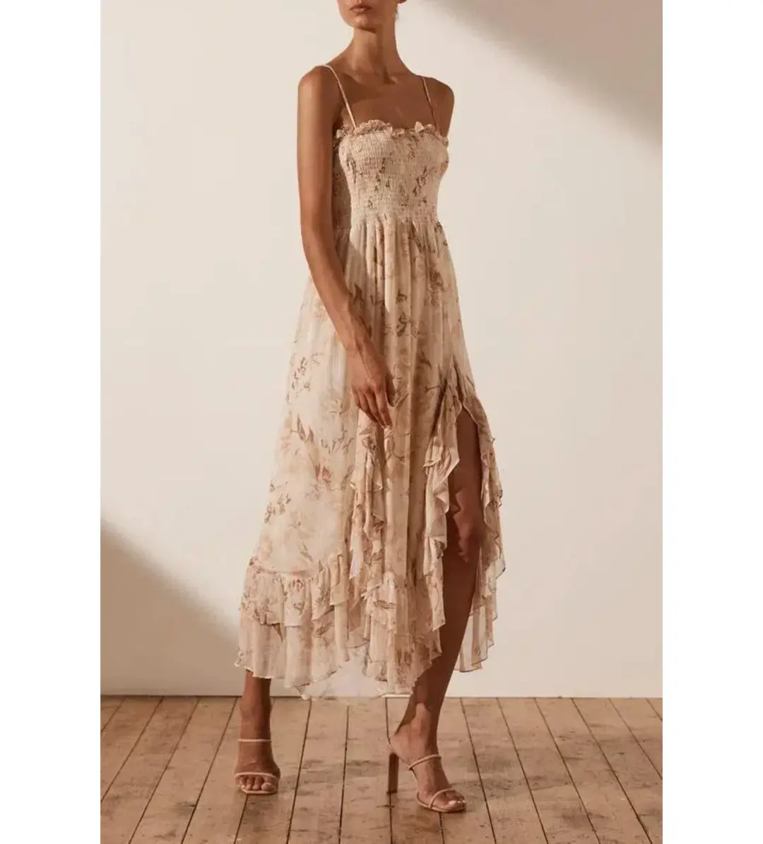 Shona Joy Nina Shirred Midi Dress in Floral Print Size 12 for rent on The Volte - main image