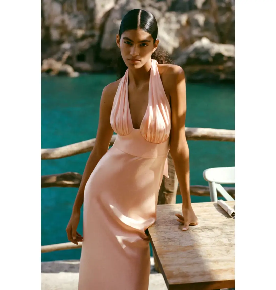 Shona Joy Plunged Halter Midi Dress Peach Size AU 10 for rent on The Volte - main image