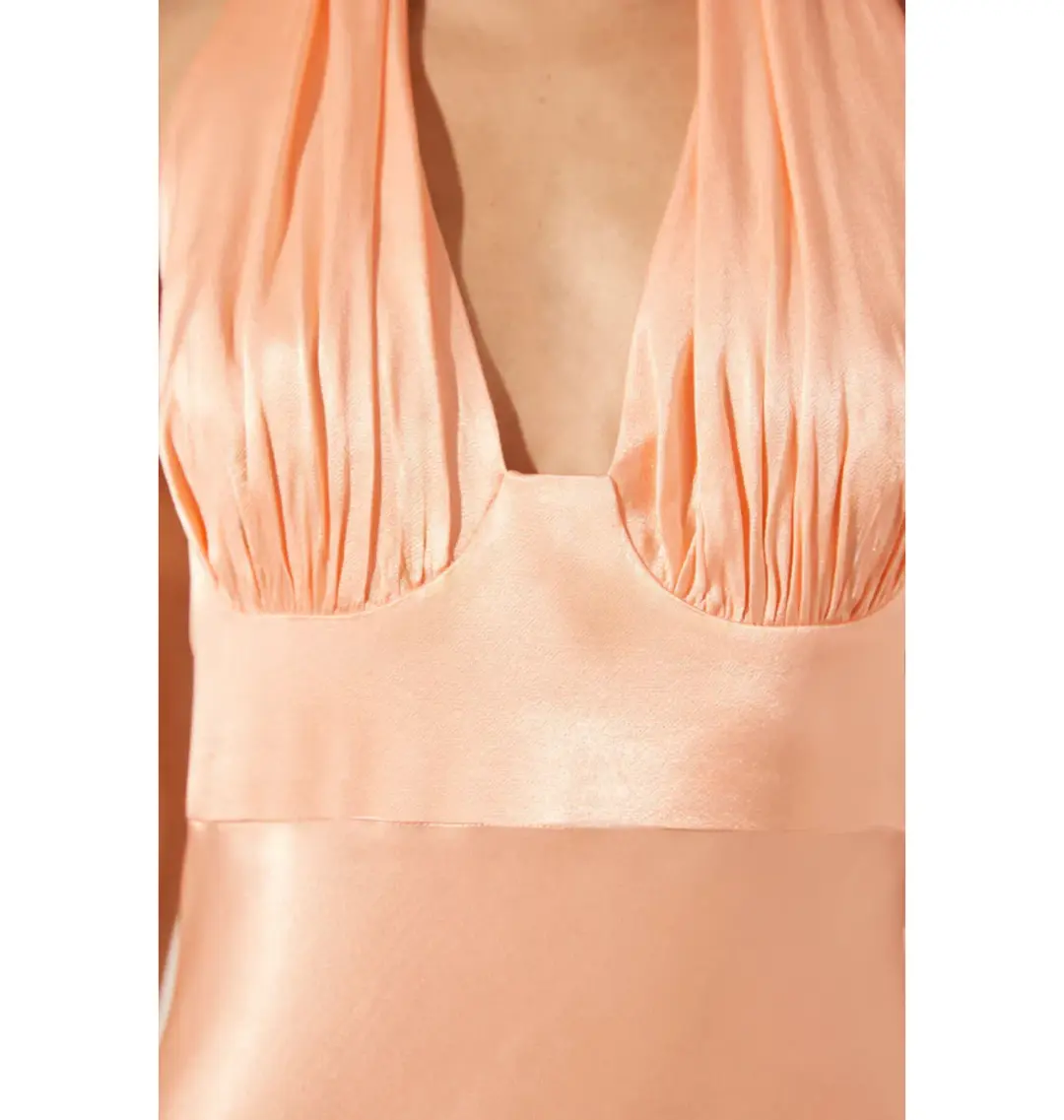 Shona Joy Plunged Halter Midi Dress Peach Size AU 10 for rent on The Volte - main image