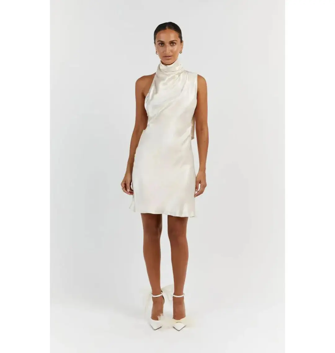 Dissh Aisle Pearl Satin Backless Mini Dress White Size AU 10 for rent on The Volte - main image