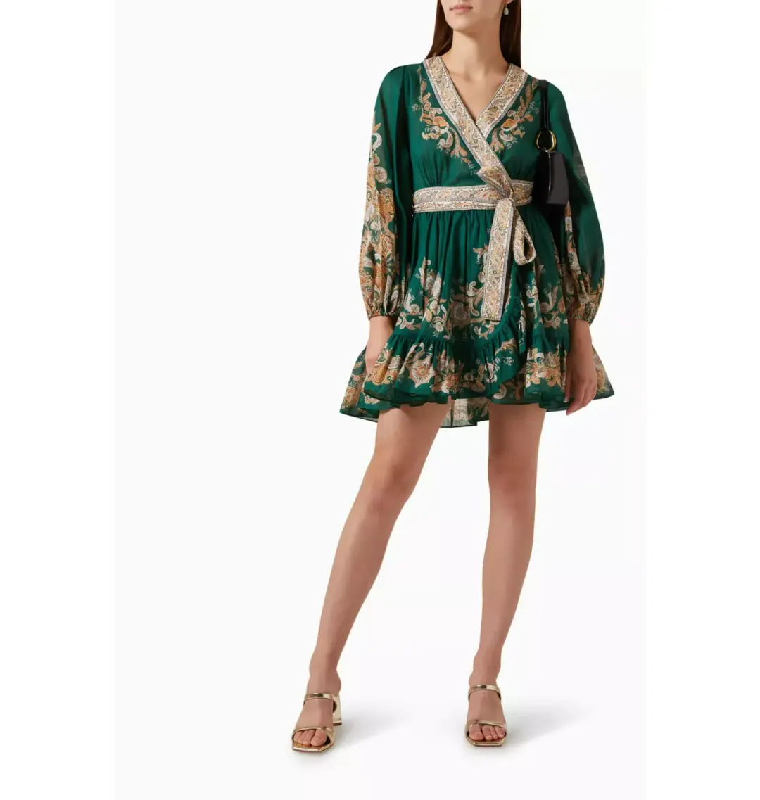 Zimmermann Devi Wrap Mini Dress Green Print Size 3 / AU 14 for rent on The Volte - main image