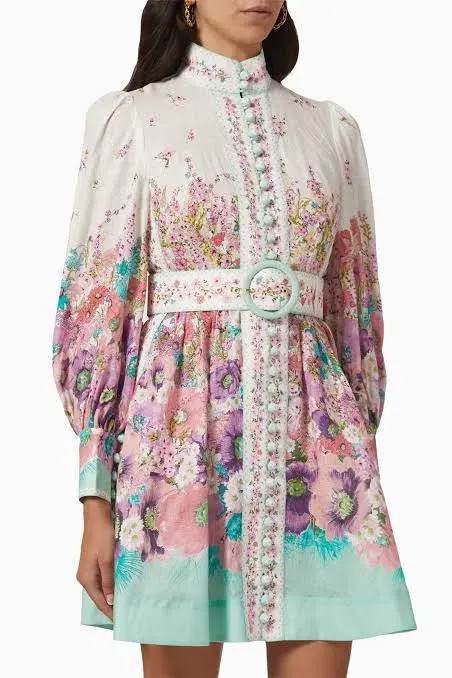 Zimmermann Jude Buttoned Mini Dress In Aqua Gradient Floral Size 3 / Au 14 for rent on The Volte - main image