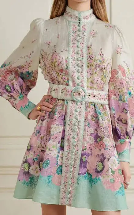 Zimmermann Jude Buttoned Mini Dress In Aqua Gradient Floral Size 3 / Au 14 for rent on The Volte - main image