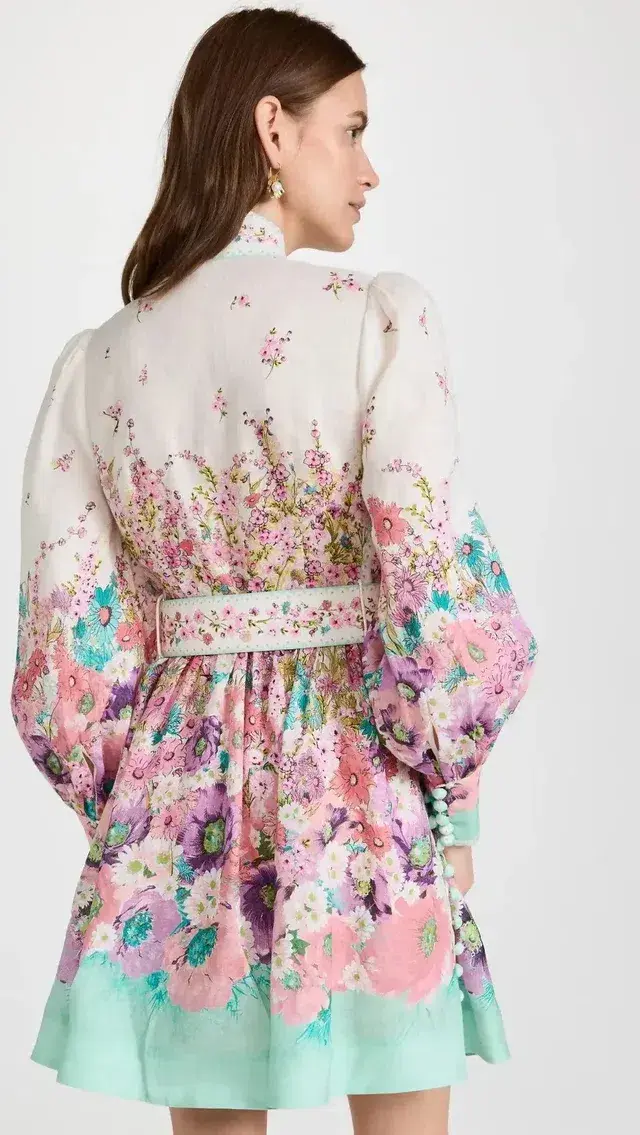 Zimmermann Jude Buttoned Mini Dress In Aqua Gradient Floral Size 3 / Au 14 for rent on The Volte - main image