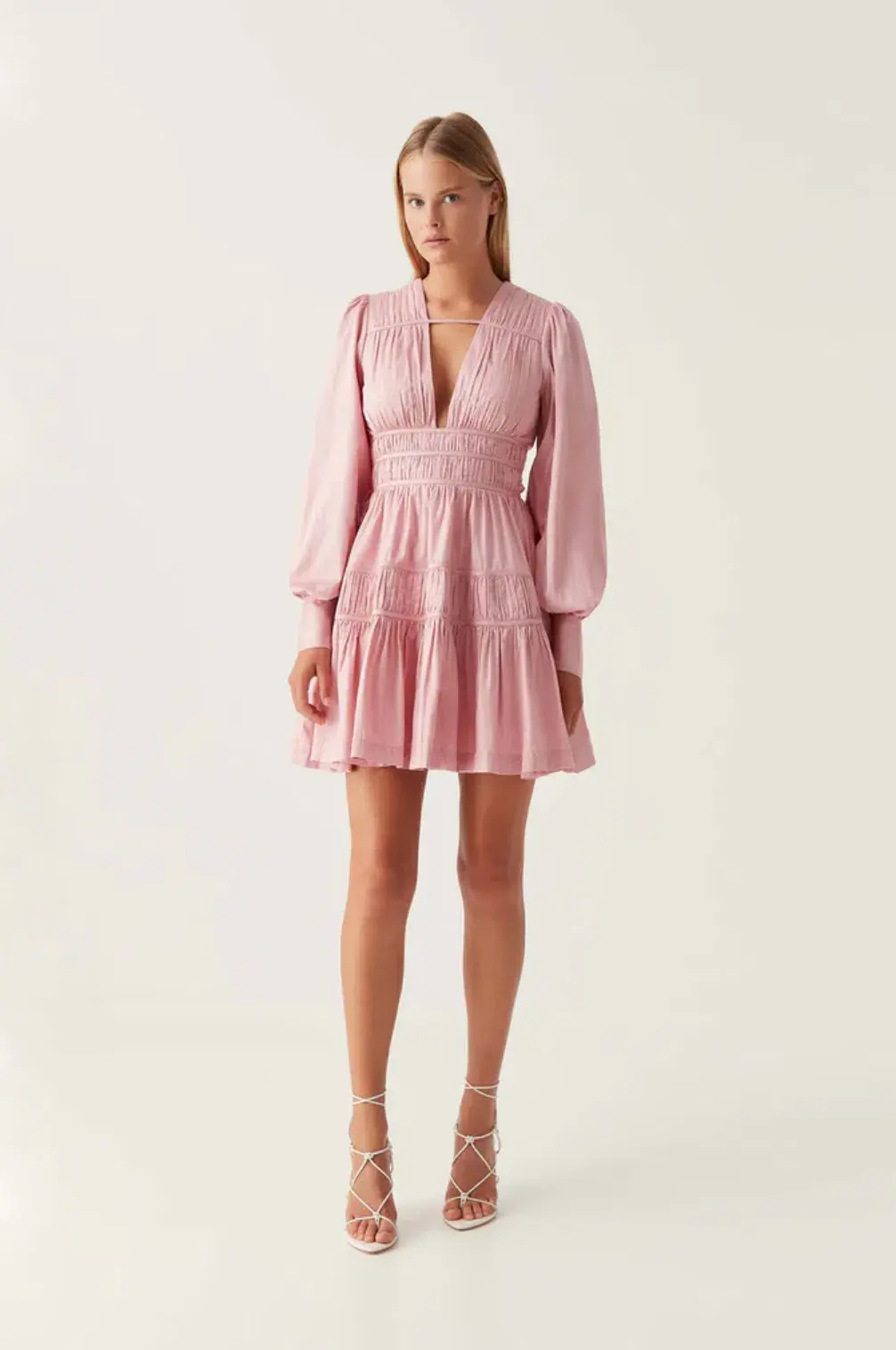 Aje Fallingwater Ruched Mini Dress in Chalk Pink Size AU 16 for rent on The Volte - main image