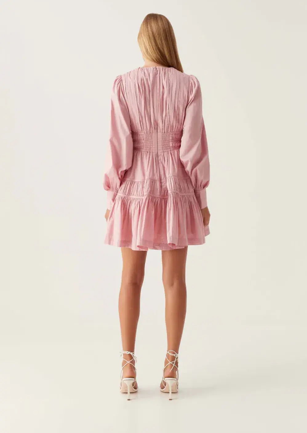 Aje Fallingwater Ruched Mini Dress in Chalk Pink Size AU 16 for rent on The Volte - main image