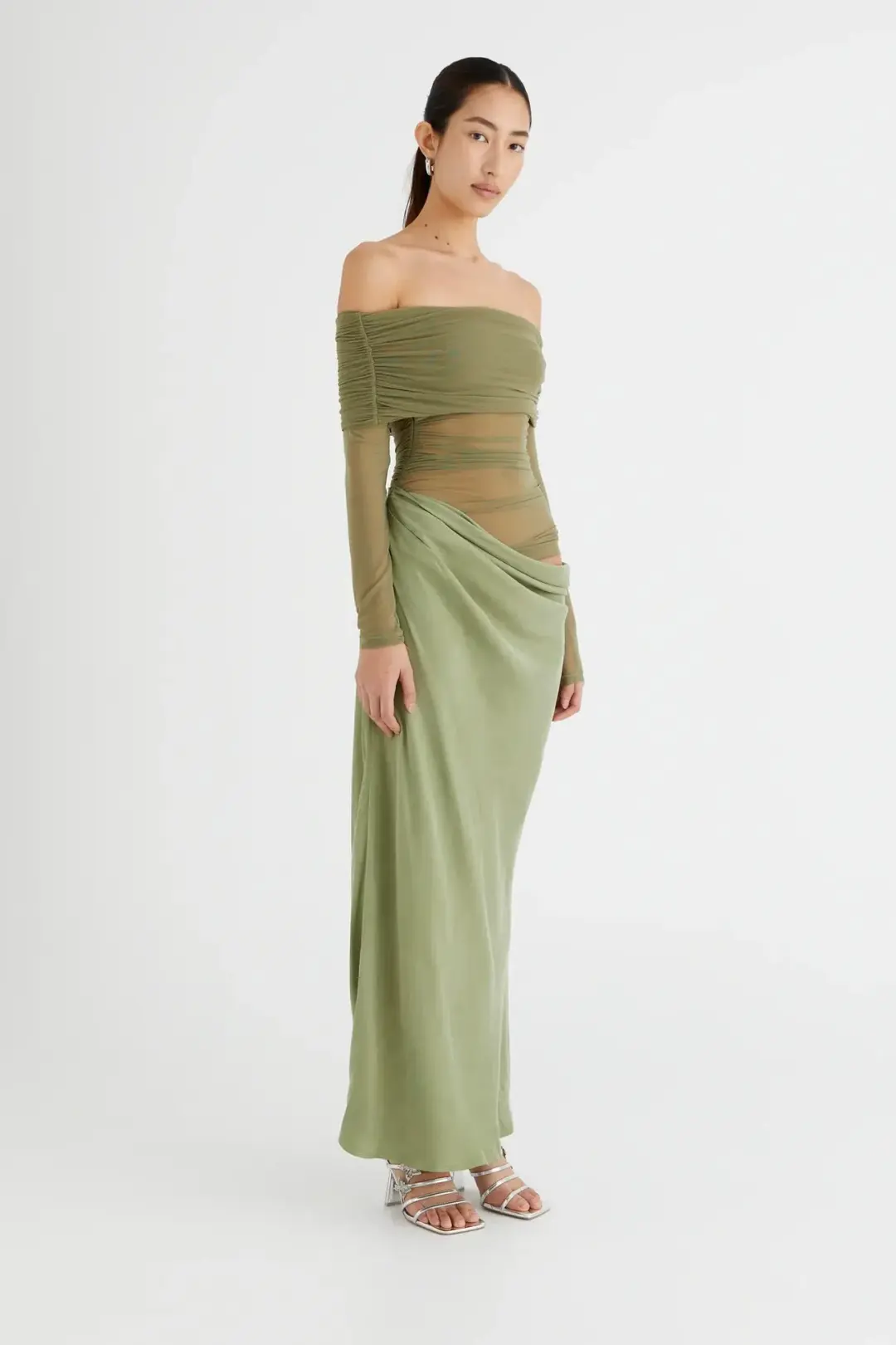 Benni Yasmin off Shoulder Dress in Pistachio Size 8 for rent on The Volte - main image
