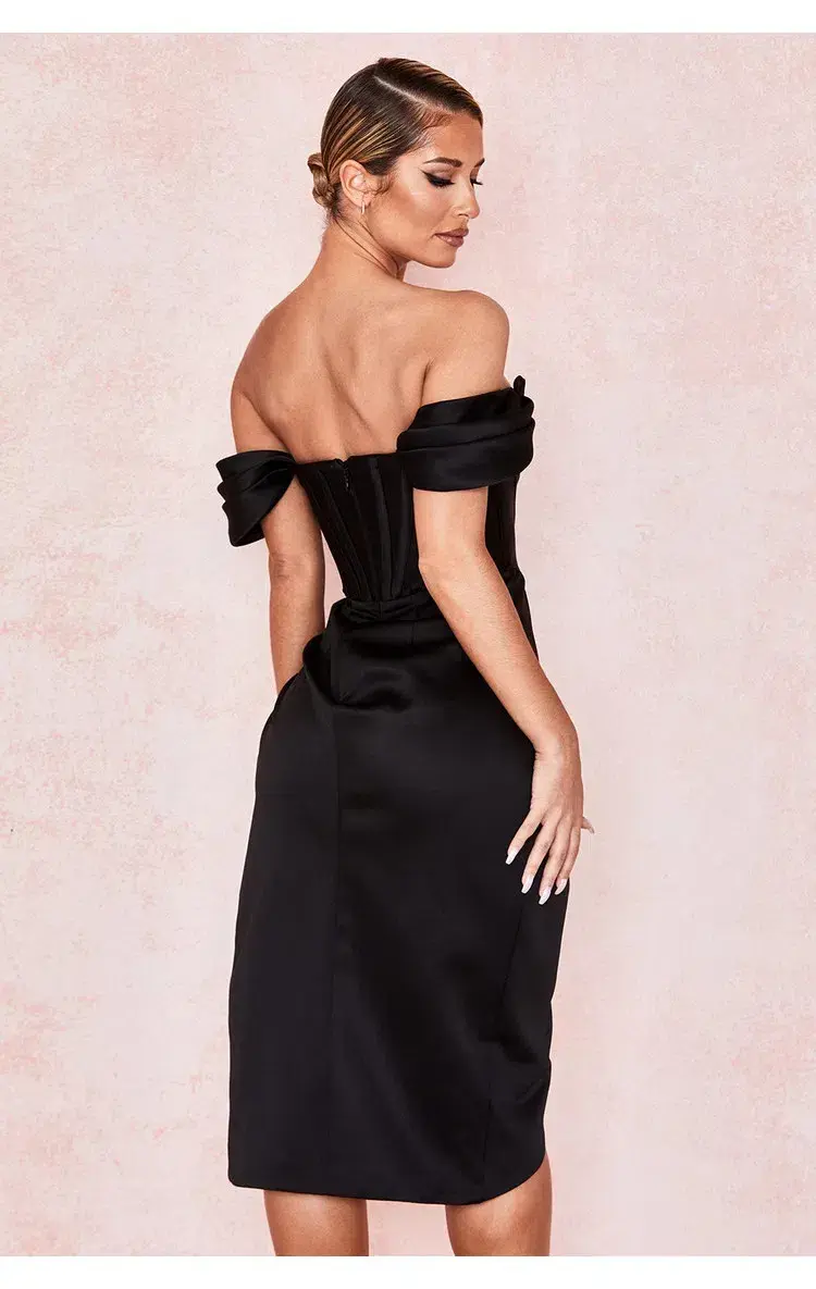 House of CB Loretta Satin Corset Off Shoulder Dress Black Size M / AU 10 for rent on The Volte - main image