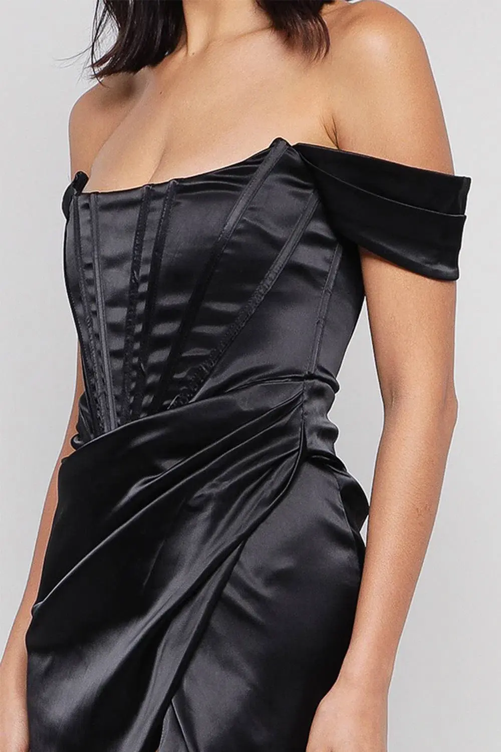 House of CB Loretta Satin Corset Off Shoulder Dress Black Size M / AU 10 for rent on The Volte - main image