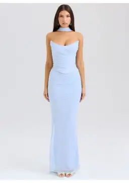 House of CB Hallie Strapless Corset With Neck Scarf and Cassidy Fluted Hem Maxi Skirt Set Bluebell Size S / AU 8