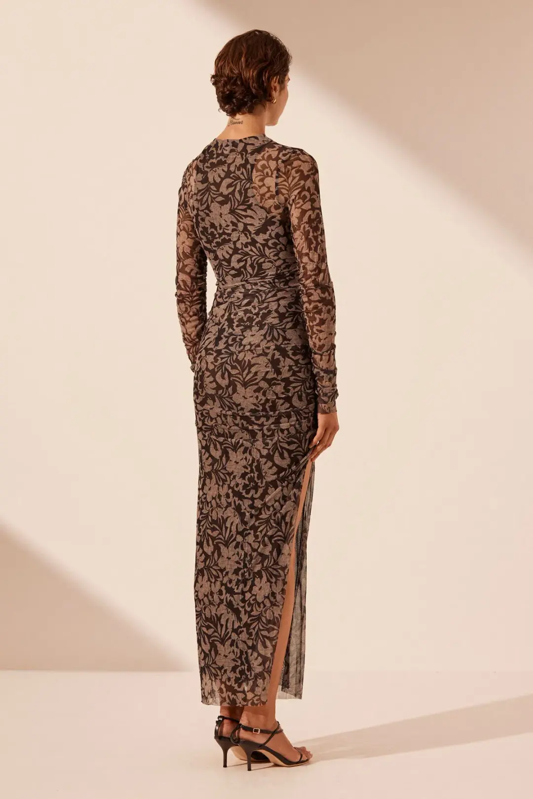Shona Joy Zoe Long Sleeve Gathered Midi Dress Black/Sand Floral Print Size L / AU 12 for rent on The Volte - main image
