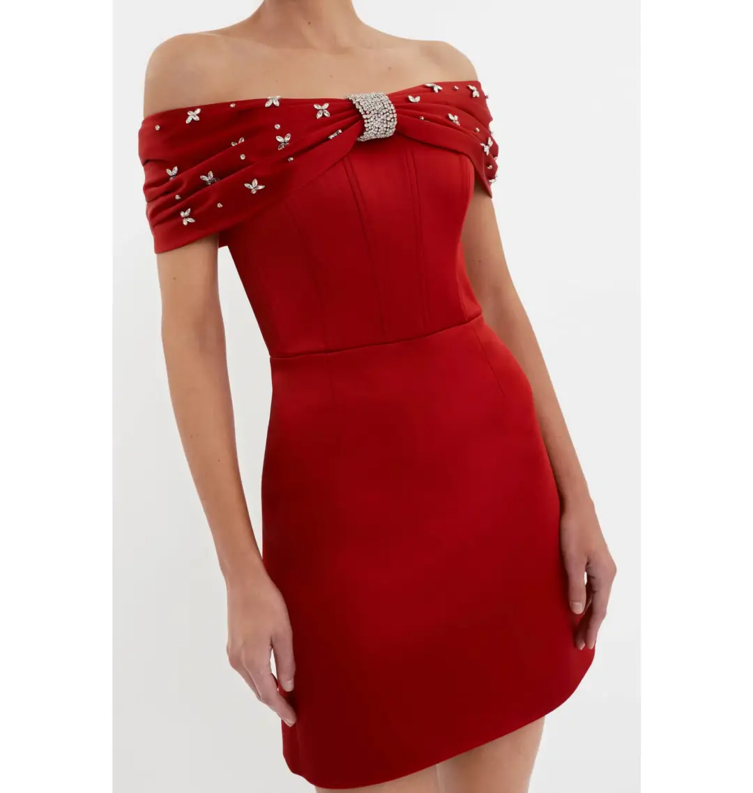 Rebecca Vallance Carmella Off The Shoulder Mini Dress Red Size AU 8 for rent on The Volte - main image