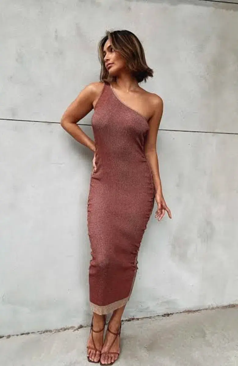 Suboo Leah One Shoulder Knit Midi Dress Rust Size L / AU 12 for rent on The Volte - main image