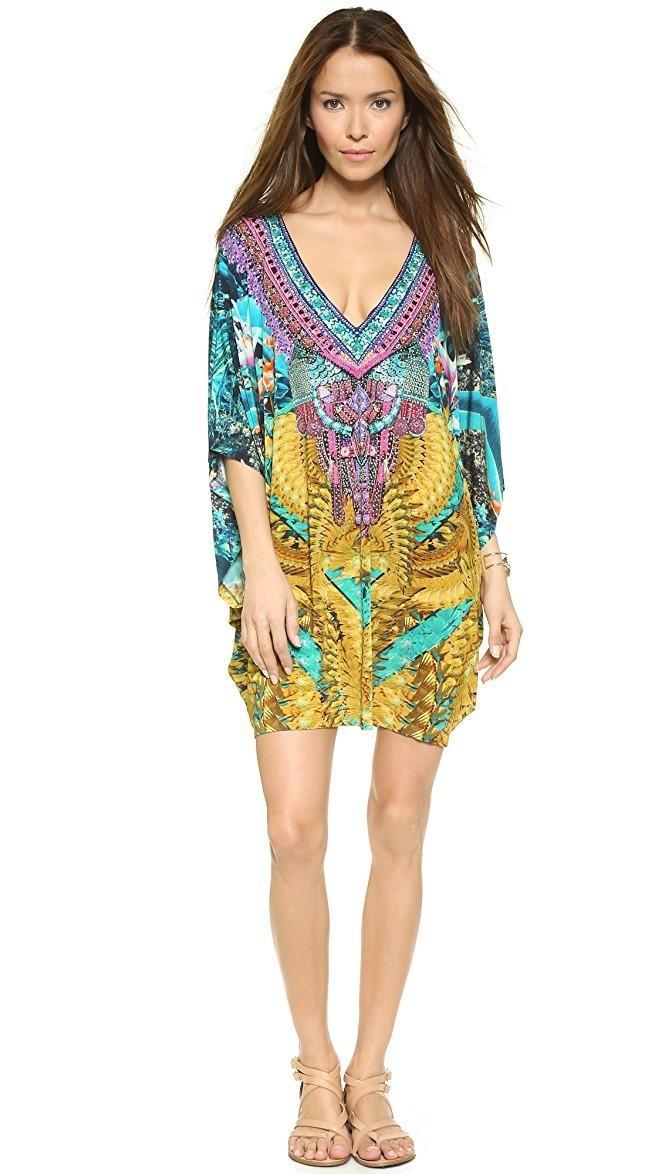 Camilla Batwing Sleeved Cover Up Kaftan Blue & Yellow Size 12 for rent on The Volte - main image