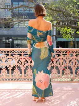 By Nicola Paloma Off Shoulder Mesh Maxi Dress in Pine Green Size 12 for rent on The Volte - image 2