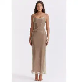 House of CB Alondra Beaded Maxi Dress Cafe Au Lait Size AU 6