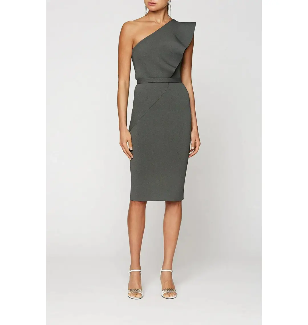 Scanlan Theodore Crepe Knit One Shoulder Ruffle Midi Dress Khaki Size XS / AU 6 for rent on The Volte - main image